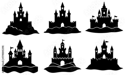 Silhouette collection of six fantasy castles with towers and flags on rocky or wavy platforms design