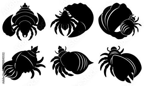 Silhouette depiction of six hermit crabs in various shells and poses on a white background design