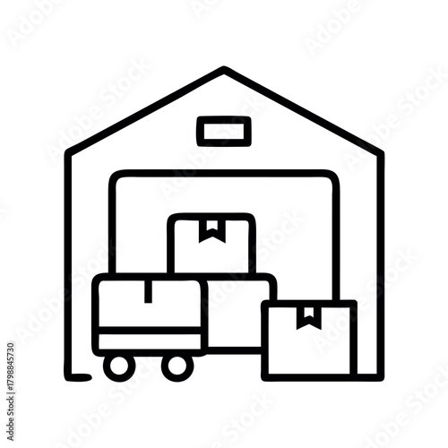 Warehouse storage and logistics icon depicting boxes on a dolly inside a building
