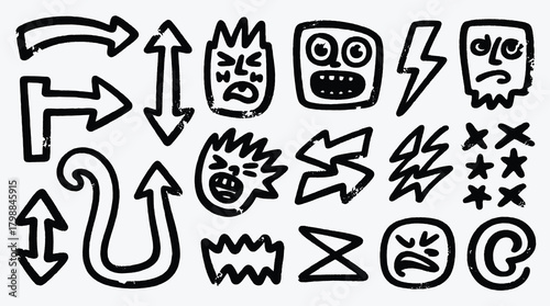 Hand drawn doodle vector set of arrows and abstract faces