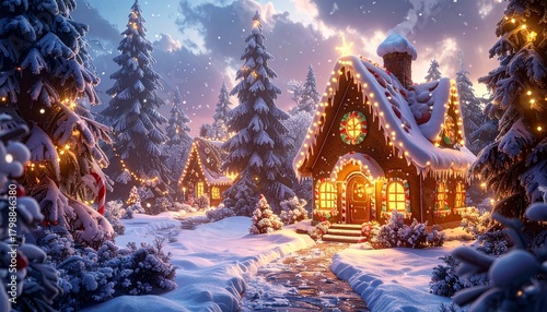 Christmas gingerbread houses in snowy landscape.