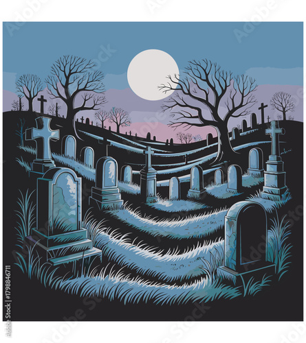 Eerie moonlight over an old cemetery with bare trees and gravestones