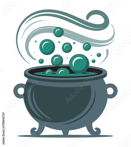 Bubbling green potion in a cauldron with rising steam, floating magic.