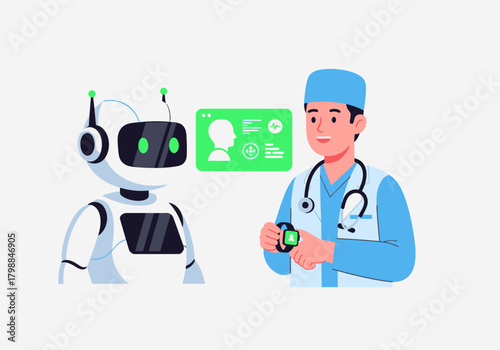 Futuristic healthcare concept featuring a doctor collaborating with an AI robot assistant to analyze patient data on a digital interface