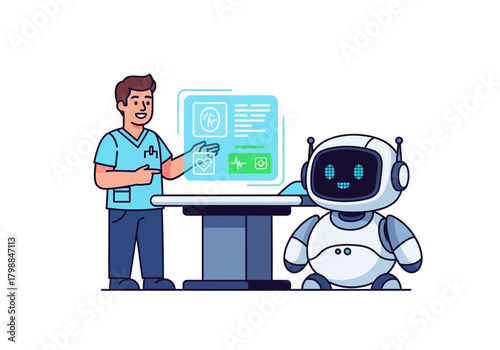 Medical professional and AI robot collaborate to display a patient's medical records on a screen