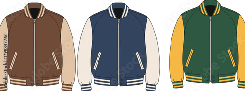 Varsity jacket color set, fashion design icons, brown beige, navy white, green yellow styles, apparel illustration, product comparison grid