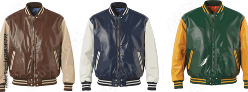 Varsity jacket color variations, fashion design icons, brown beige, navy white, green yellow styles, apparel illustration, product comparison set