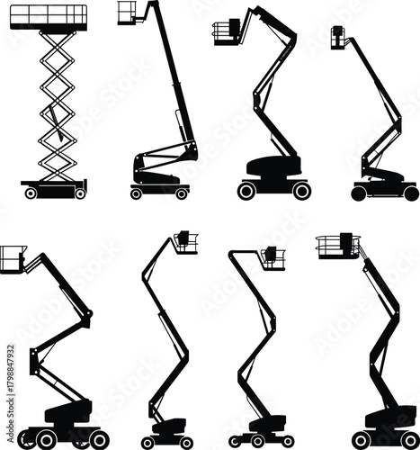 Aerial work platform silhouettes, scissor lift, boom lifts, construction equipment, industrial access machines, elevation tools, maintenance gear, black illustration