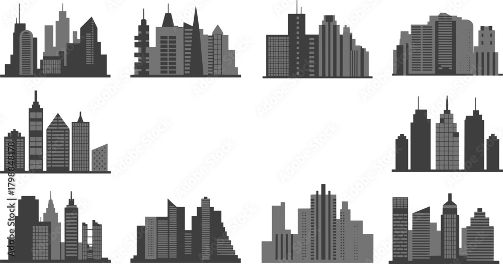 Naklejka premium City skyline silhouette collection, urban building shapes, architectural vector art, modern and classic skylines, black and gray design, illustration