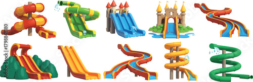 Cartoon water slide collection, colorful amusement park icons, jungle and castle themes, summer splash fun, playful pool ride graphics