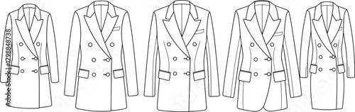 Double-breasted coat illustration set, fashion design icons, tailored menswear styles, lapel and pocket variations, garment comparison chart