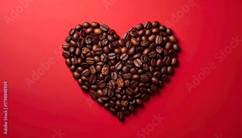 Coffee beans heart on red background.