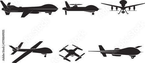 Drone silhouettes, UAV models, unmanned aircraft shapes, aerial vehicle icons, black outlines, drone comparison, aviation tech, tactical drone designs
