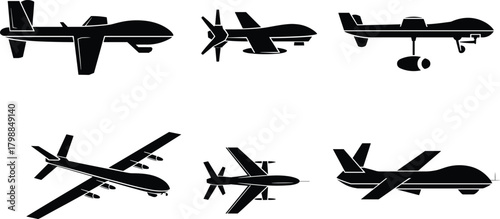 Drone silhouettes, UAV designs, unmanned aircraft shapes, aerial vehicle icons, black outlines, jet drones, propeller drones, aviation tech