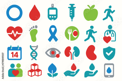 Health Wellness Icons Diabetes Heart Fitness Medical Awareness Illustration