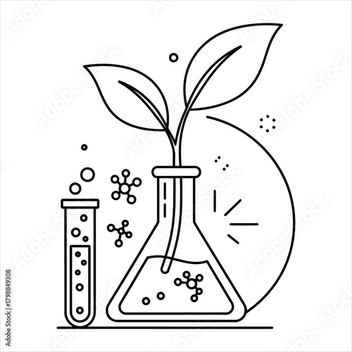Black and white linear icon of a laboratory flask with a sprouting plant isolated on white background