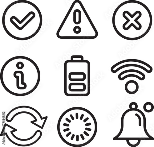 Collection of nine black notification icons on transparent background design