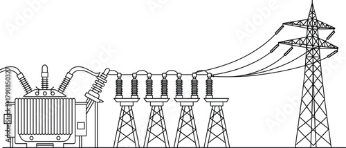Electrical substation layout, transformer sketch, circuit breaker diagram, transmission tower, power grid design, energy system, utility infrastructure, voltage lines