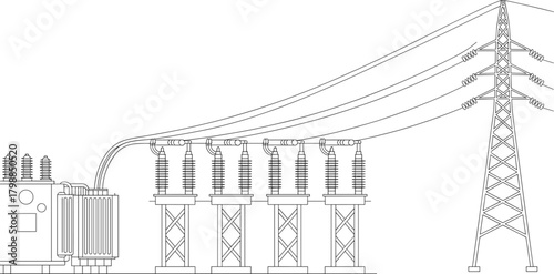 Electrical power system, transformer illustration, circuit breaker layout, transmission tower, energy infrastructure, high voltage lines, grid design, utility sketch