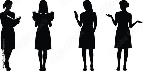 Female silhouette poses set, reading book, smartphone gesture, expressive stance, black dress icons, activity, posture, communication illustration grid