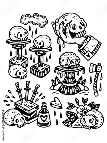 Edgy set of traditional tattoo flash with skulls and dark occult themes