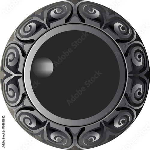Intricate Circular Design with Swirling Gray and Black Patterns on a Transparent Background Showcasing a Central Dark Circle with Subtle Highlight