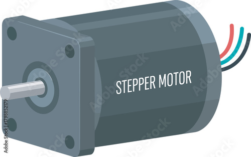 A detailed illustration of a stepper motor with visible wiring and shaft.