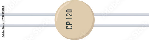 A beige-colored electronic component, labeled "CP 120", is connected by two metal leads.