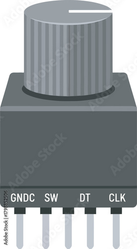 A gray rotary encoder with pins labeled GNDC, SW, DT, and CLK.