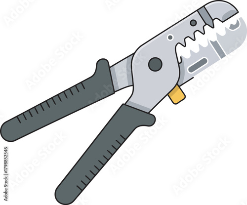 Illustration of a wire stripper tool with gray handles and a metallic body, isolated on a white background.