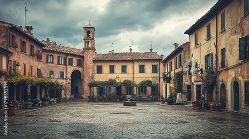Charming Italian Village Square - A Timeless Scene of Architecture and Tranquility.