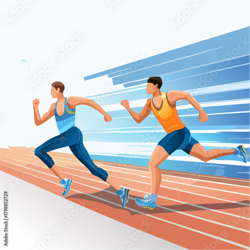 Two male athletes running a sprint race on a track with speed lines, depicting motion and competition.