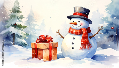 Cute Snowman with gift box  in winter forest. Watercolor New Year card.