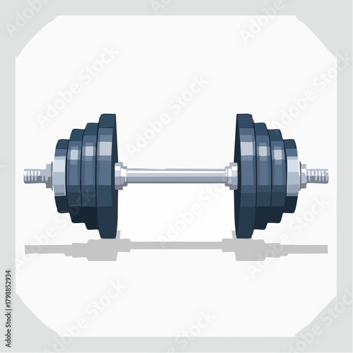 A stylized, pixelated illustration of a dumbbell with blue weight plates on a silver bar, casting a shadow on a light background.