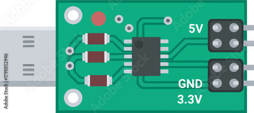 A close-up view of a green circuit board with electronic components.