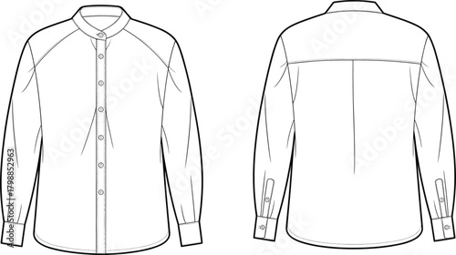 Flat sketch shirt front and back, raglan sleeve design, button-up fashion template, technical garment illustration, apparel construction chart