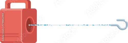 Red container with a handle and a hook attached by a thin blue line.