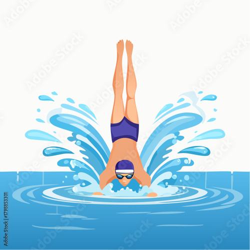 An illustration of a person diving headfirst into a blue swimming pool, creating a large splash of water.