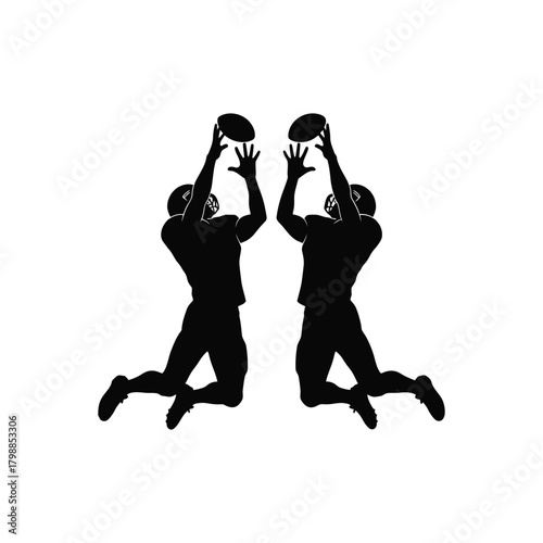 Two football players jumping to catch a pass isolated on white background