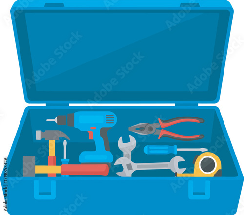 Open blue toolbox filled with various tools including a drill, hammer, wrench, screwdriver, pliers, and measuring tape.