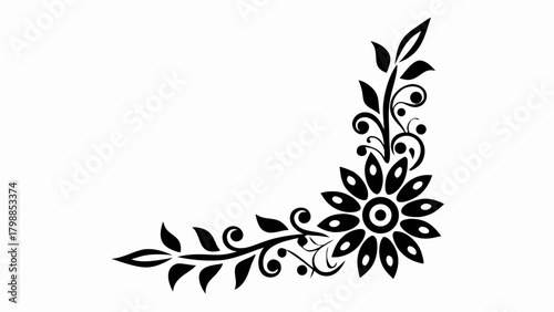 Elegant corner floral design with swirling leaves creates a sophisticated and modern border element perfect for invitations or branding, originally vector graphics