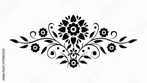 Elegant floral flourish with black blooms and leaves, perfect for sophisticated designs and invitations, with a timeless style for creative projects