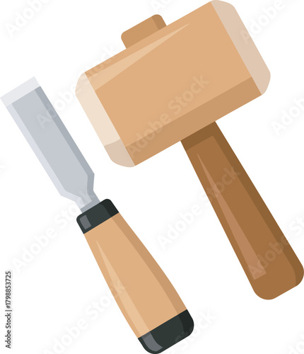 A wood chisel with a wooden handle lies next to a wooden mallet, both tools used in woodworking.