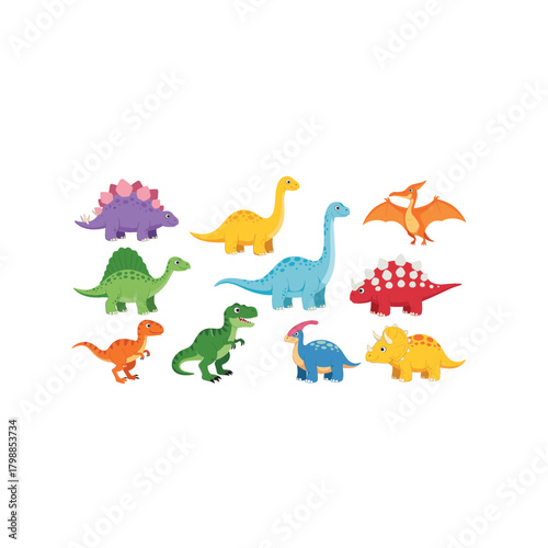 A vibrant vector collection of ten cute cartoon dinosaur characters, featuring popular species like T-Rex, Stegosaurus, and Brontosaurus, ideal for children's designs, party invites, and educational p