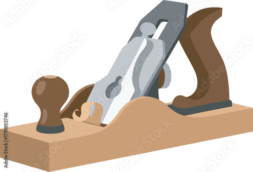 Illustration of a hand plane tool, featuring a wooden body, metal blade, and brown handle.