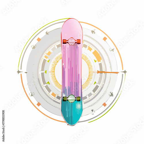 A vibrant pink and teal gradient skateboard with trucks and wheels, set against an abstract circular graphic on a white background.