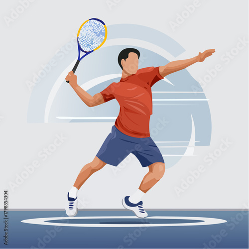 A male tennis player in a red shirt and blue shorts hitting a forehand shot on a court with an abstract background.