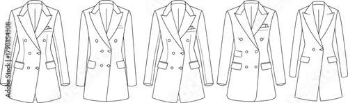 Long coat fashion illustration set, line drawing styles, single and double-breasted designs, tailored menswear icons, garment design reference