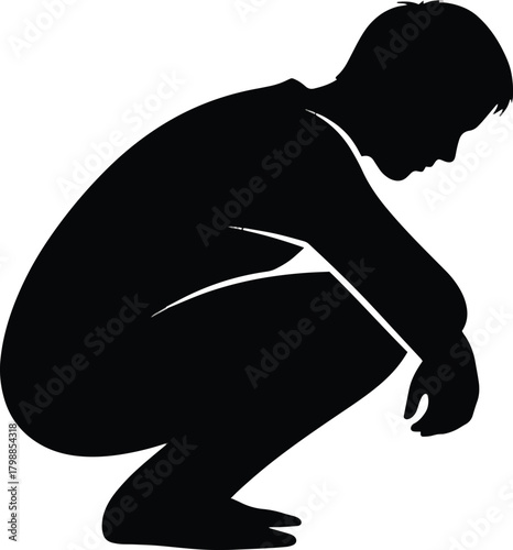 Silhouette of a man crouching. Silhouette of a crouching man, a dark shadow of a male person, creating a mysterious black figure
