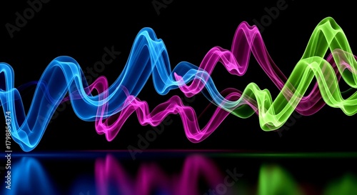 Abstract Neon Waves in Blue, Pink, and Green Against Black Backg